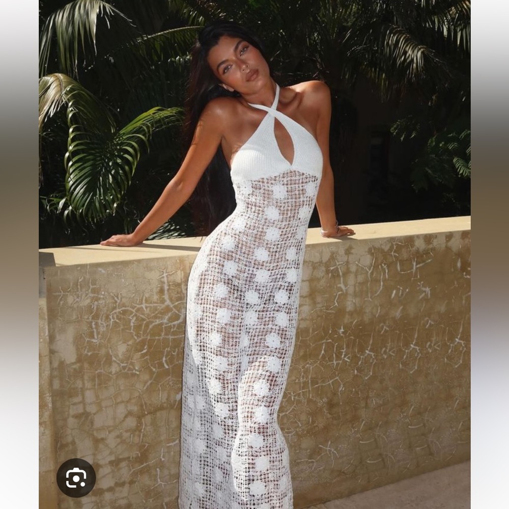 White Crochet Halter Maxi Dress